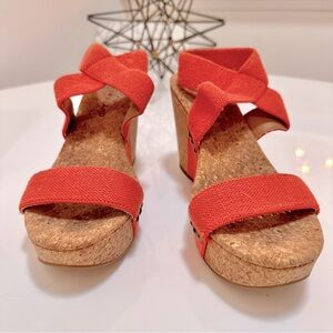 Lucky Brand Marinah Strappy Cork Platform Wedge Sandals in Orange Fabric SZ 7M